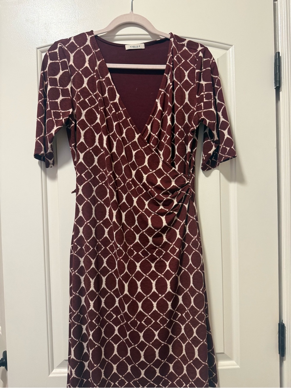 Gilli Burgundy and Ivory Geometric Surplice Midi Dress